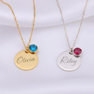 Custom Tiny Disc Necklace | Optional Birthstone | 925 Sterling Silver