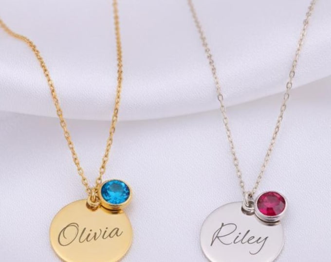 Personalized Disc Name Necklace with Birthstone – 925 Sterling Silver Custom Jewelry Gift
