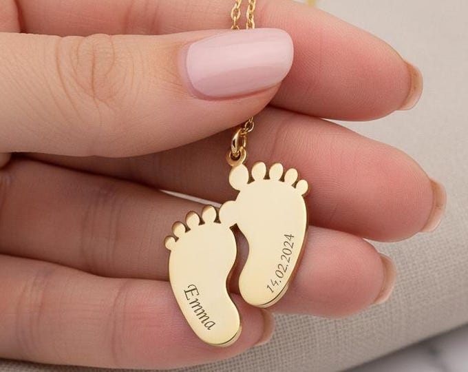 Personalised Baby Feet Necklace – New Mum Jewellery, Custom Baby Footprint Pendant with Name