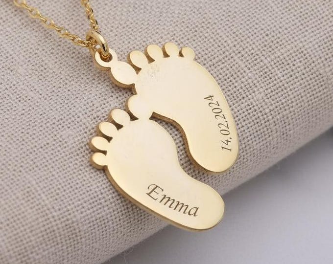 Baby Footprint Necklace – Personalized 925 Sterling Silver New Mom with Engraved Baby Feet Pendant