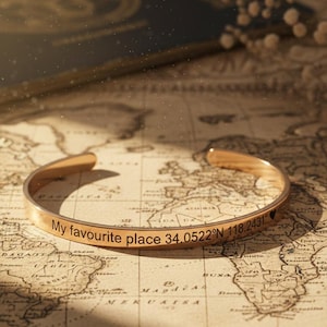 Personalized Engraved Cuff Bracelet – Custom Name, Date & Coordinates Bangle, Minimalist Skinny Bracelet Christmas Gift