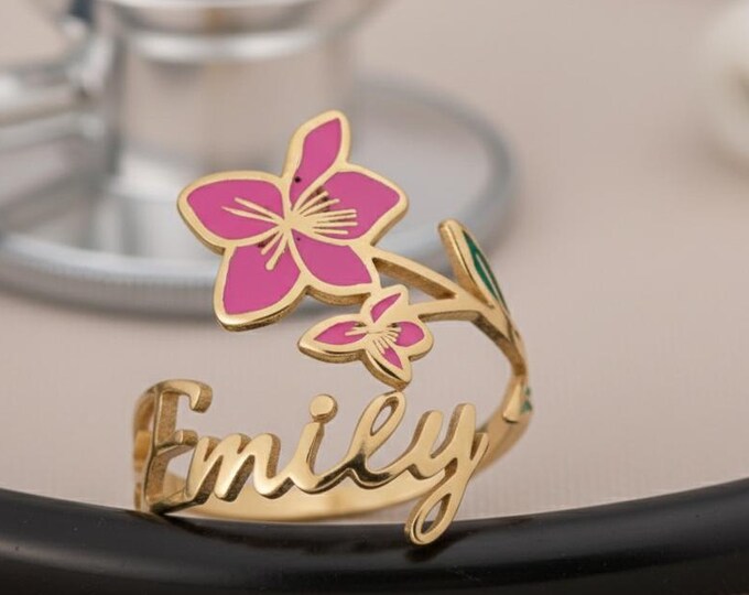 Personalized Stethoscope Name & Birth Flower Ring – 925 Sterling Silver Adjustable Custom Jewelry Gift