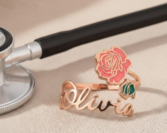 Personalised Stethoscope Name & Birth Flower Ring – 925 Sterling Silver Adjustable Custom Jewellery Gift