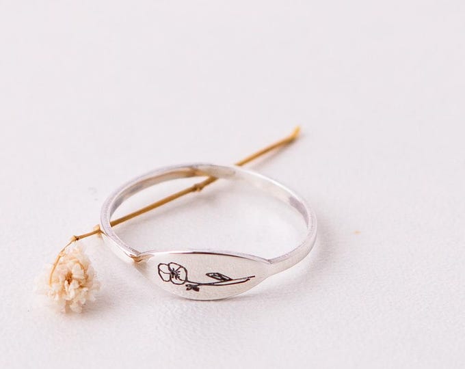 Birth Flower Ring – Personalized Engraved Signet, Dainty Gold or Silver Flower Band