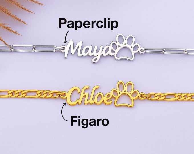 Engraved Paw Print Bracelet – Custom Pet Name Jewelry for Dog & Cat Lovers