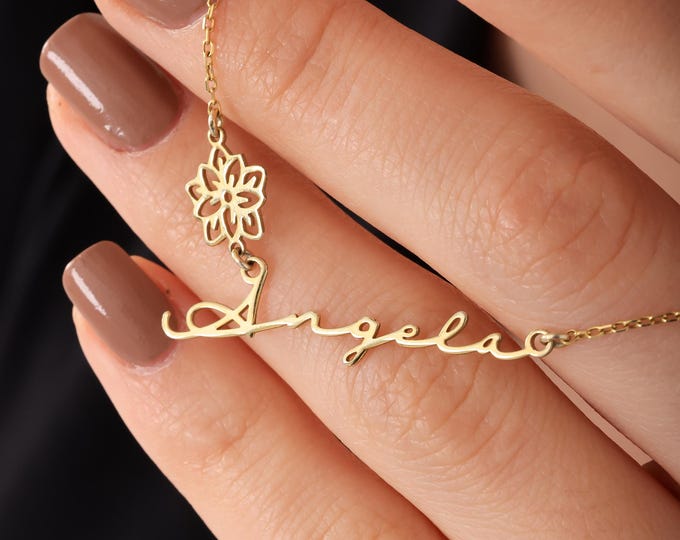 Name Necklace with Birth Flower – Custom 925 Sterling Silver Necklace Gift for Her