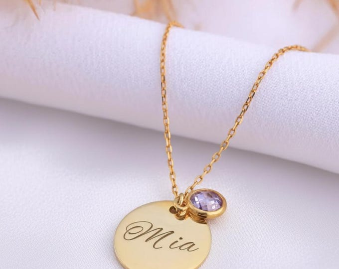 Personalised Disc Necklace with Birthstone – Custom Name Jewellery in 925 Sterling Silver