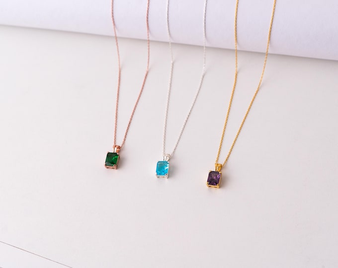 Emerald-Cut Rectangle Birthstone Necklace · Custom Personalized Jewelry Gift for Her