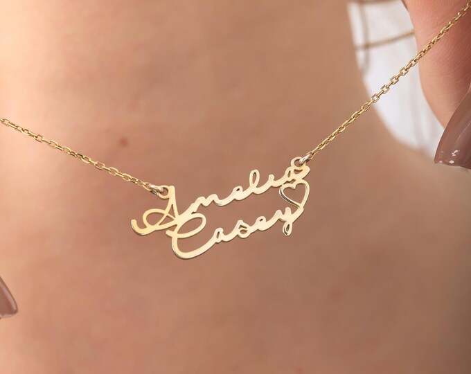 Two Name Necklace with Heart, Double Name Necklace, Personalized Two Name Jewelry, Kids Name Necklace, Dainty Family Name Necklace