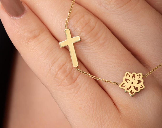 Sideways Cross Necklace with Birth Flower or Birthstone – Personalized 925 Sterling Silver Faith Jewelry