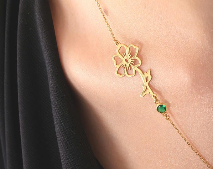 Birth Flower & Birthstone Necklace • Personalized 925 Silver or 14K Gold • Custom Mom Gift • Kids Names Jewelry • Grandma Birthday Gift