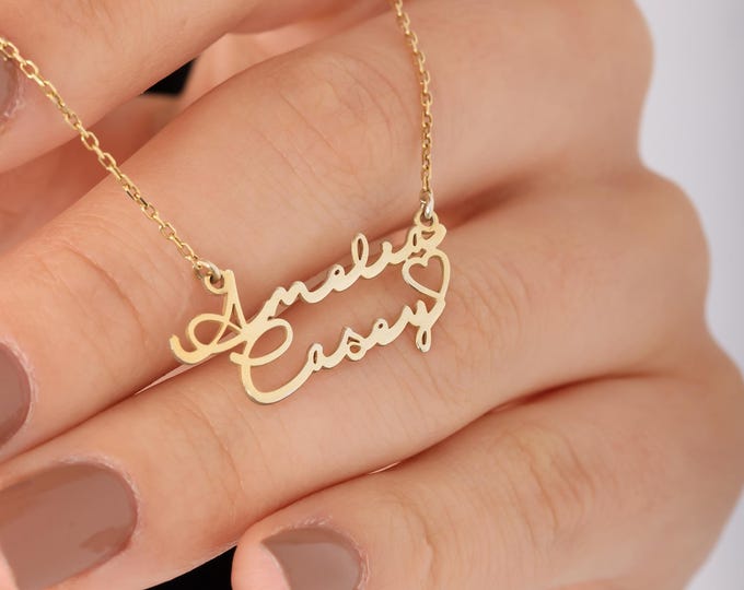 Personalized Double Name Necklace with Heart: Sterling Silver Custom Jewelry