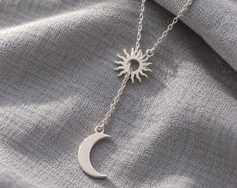 Sun and Moon Lariat Necklace, Sterling Silver Celestial Birthday Gift for Her