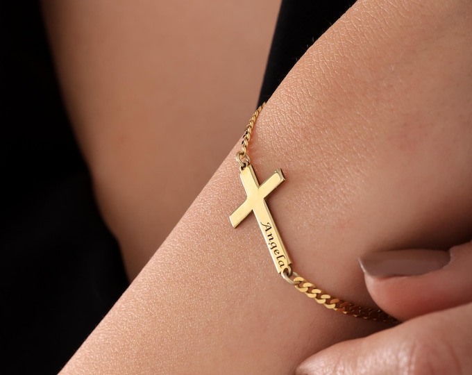 Personalized Engraved Cross Bracelet - Custom Christian Jewelry for Men & Women - Religious Gift for Him/Her