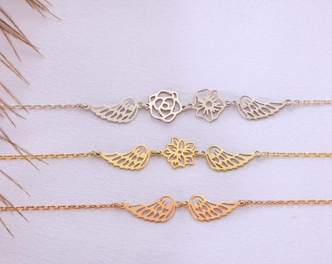 Angel Wing Bracelet with Optional Birth Flowers – Elegant Memorial Jewelry Gift for Her