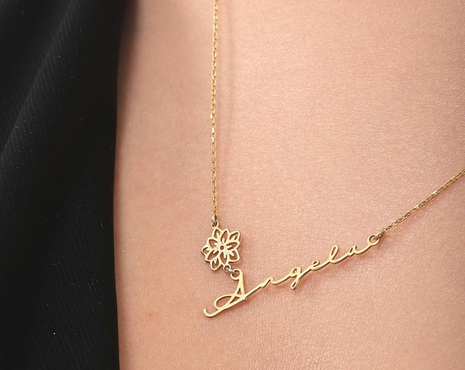 Personalized Birth Flower Name Necklace Sterling Silver Gold Rose Gold Custom Jewelry Gift for Her