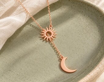 Sterling Silver Sun Moon Lariat Necklace, Celestial Layering Jewelry