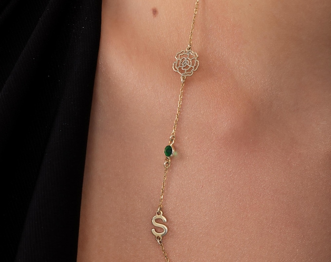 Personalized Birth Flower Necklace with Birthstone & Initial, 14K Gold Plated or Silver Birth Month Flower, Letter Charm, Custom Family Gift
