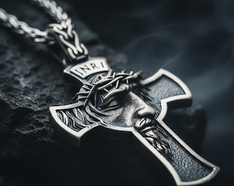 INRI Jesus Crucifix Necklace – Sterling Silver Gothic Cross, Men's Faith Jewelry Christmas Gift