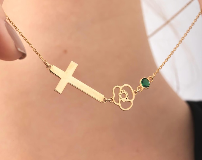 Birthstone Cross Necklace • Personalized Baptism Gift • 925 Silver or 14K Gold • Custom Jewelry for Her • Dainty Christening Gift for Girl