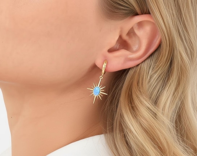 Blue Opal Sunburst Hoop Earrings – Celestial Dangle Jewelry in 925 Sterling Silver