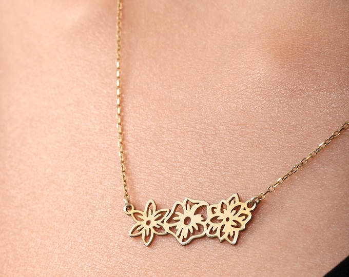 Dainty Birth Flower Necklace • Personalized Family Bouquet Pendant • 925 Silver or 14K Gold Plated • Custom Gift for Mom, Her, Grandma