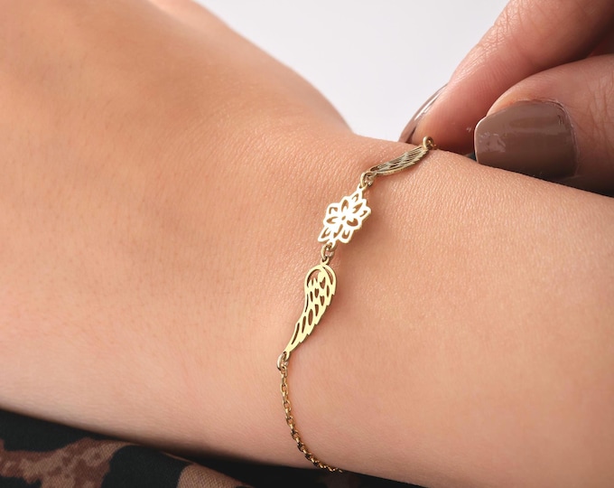 Angel Wing Bracelet with Birth Flower • Memorial Gift • Miscarriage Remembrance Jewelry • Loss of Loved One • Custom Sentimental Bracelet