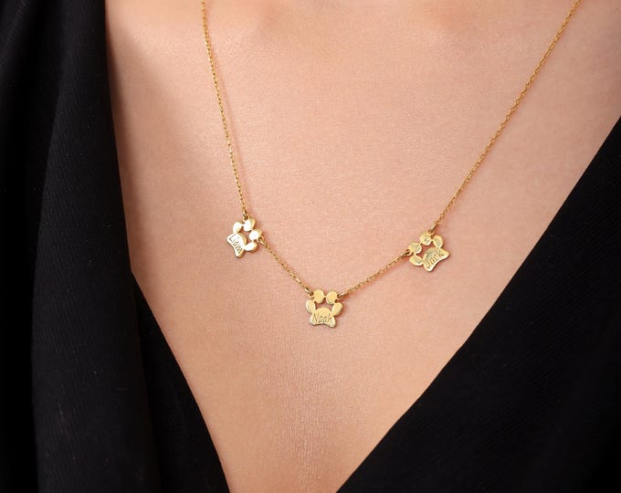 Paw Print Name Necklace • Personalized Pet Necklace for Dog Lovers • 925 Silver or 14K Gold Plated • Minimalist Animal Lover Gift for Her