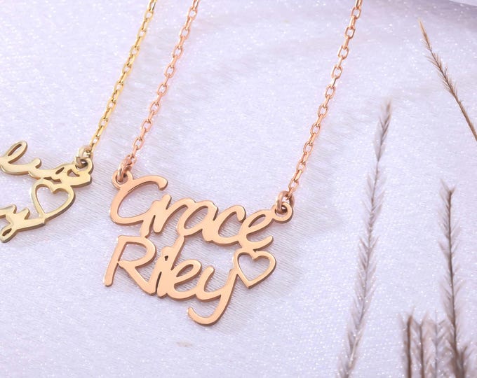 Two Name Necklace with Heart, Double Name Necklace, Personalized Two Name Jewelry, Kids Name Necklace, Dainty Family Name Necklace