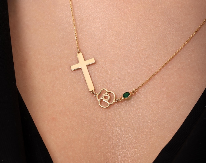 Cross Pendant Necklace – 925 Sterling Silver Jewelry with Birthstone and Birth Flower Charms