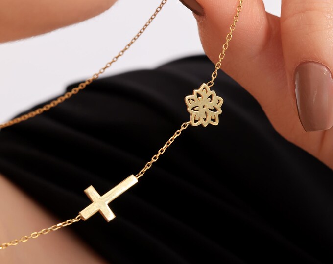 Sideways Cross Necklace with Birth Flower or Birthstone – Personalised 925 Sterling Silver Faith Jewellery