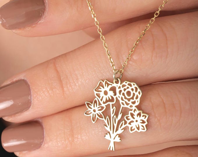 Family Birth Flower Necklace • Personalized Multiple Flower Bouquet • 925 Silver or 14K Gold Plated • Gift for Mom, Grandma, Mother's Day