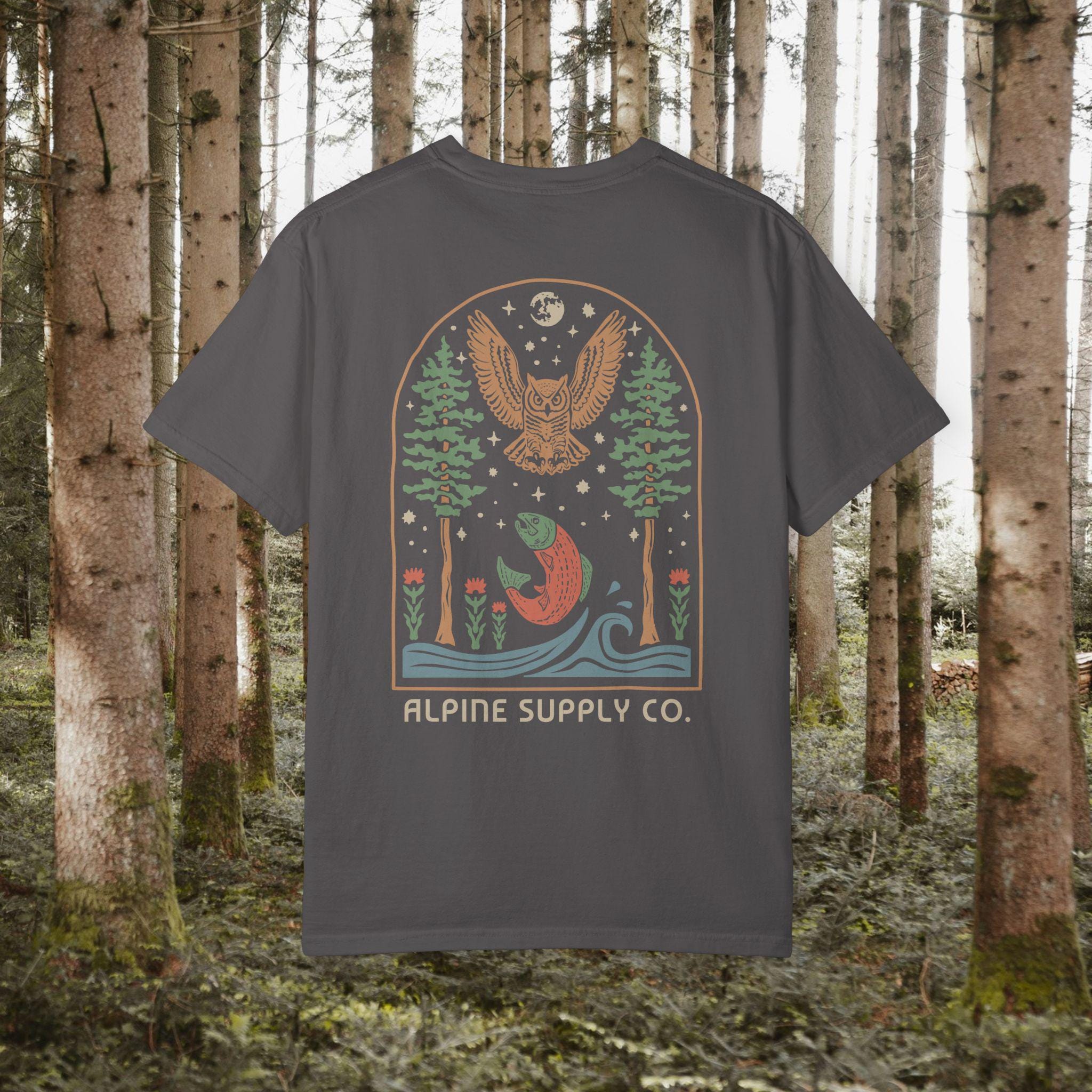 Great Horned Owl Night Fishing Scene T-Shirt: Unisex Comfort Colors Graphic Nature Tee