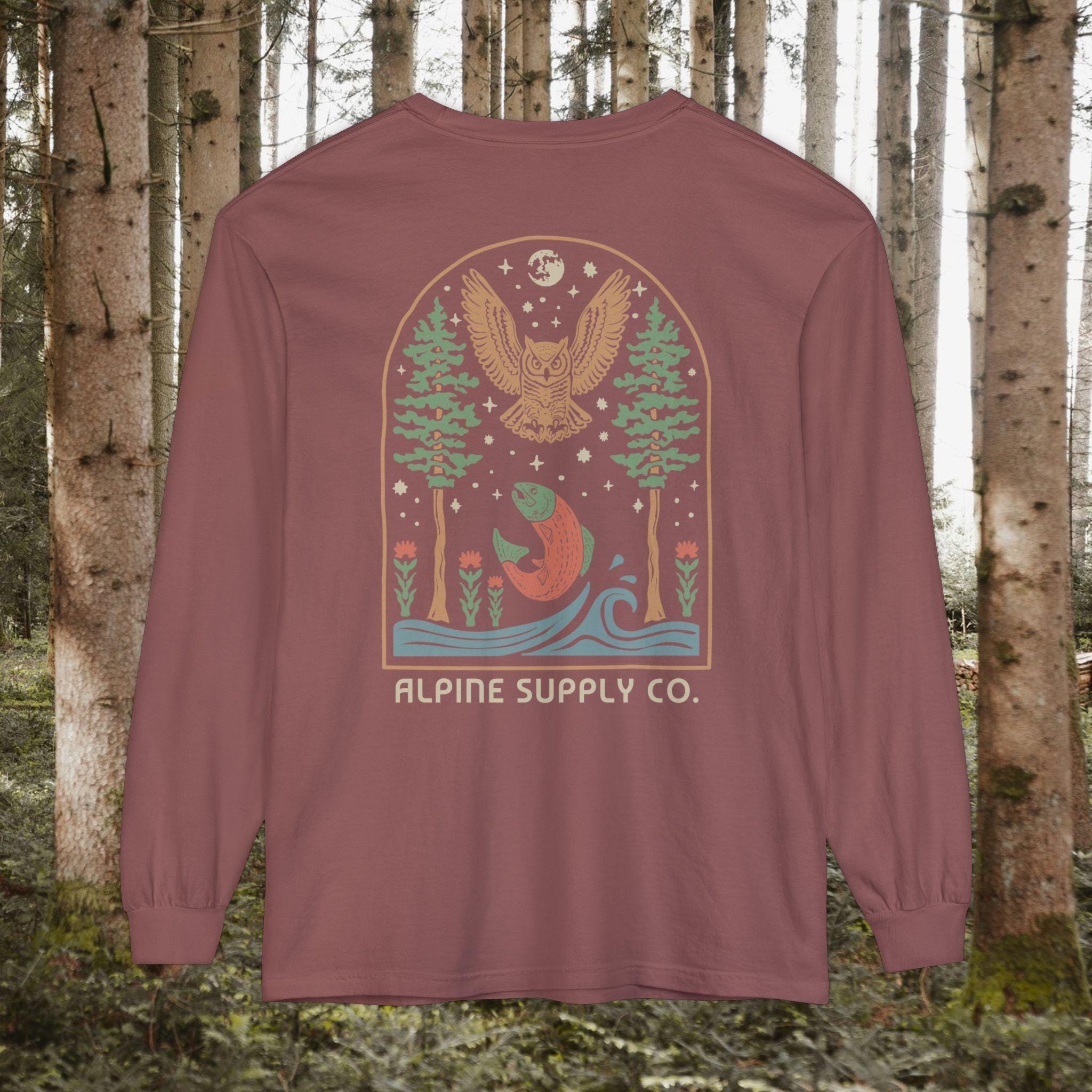 Great Horned Owl Fishing Night Scene Long Sleeve T-Shirt: Unisex Comfort Colors Graphic Nature Tee