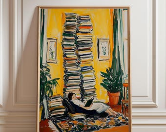 Woman Reading by the Window Art Print, Cozy Book Lover Wall Art, Warm Yellow Impressionist Painting, Modern Home Decor