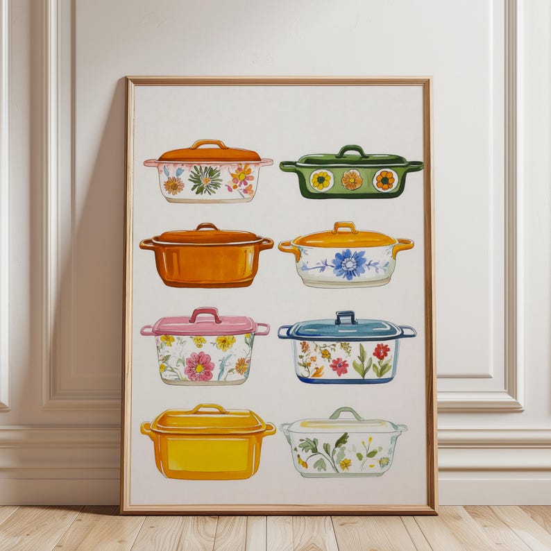 Pyrex Artwork Vintage Pyrex Kitchen Art Print: Retro Mid Century Wall Decor, Colorful ...