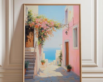 Pastel Pink European Coastal Art Print, Retro Bedroom Wall Art, Girly Aesthetic Decor