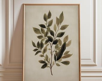 Olive Green Botanical Wall Art Print, Antique Leaf Illustration, Rustic Farmhouse Decor
