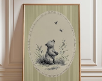 Woodland Bear And Bees Nursery Art Print, Neutral Vintage Style, Baby Room Wall Decor