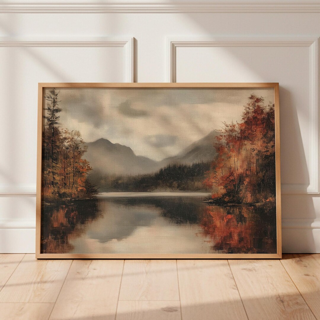 Rustic Fall Lake Landscape Art Print, Moody Autumn Oil Painting ...