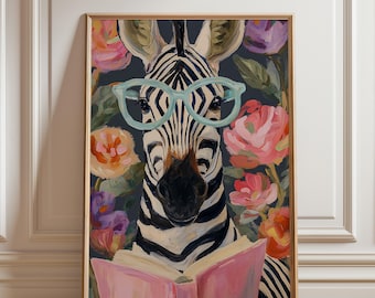 Whimsical Zebra Reading Book Art Print, Literary Animal Wall Decor, Cozy Nook and Book Lover Room