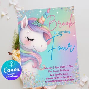 Faire-part d'anniversaire licorne modifiable pour les filles, invitation de fête de quatre ans paillettes arc-en-ciel, modèle de toile pastel magique, téléchargement immédiat