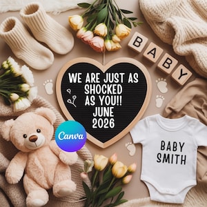 May include: A baby announcement with a teddy bear, baby socks, flowers, and a onesie that says "Baby Smith." A heart-shaped sign reads "We are just as shocked as you!! June 2026." Wooden blocks spell "BABY."