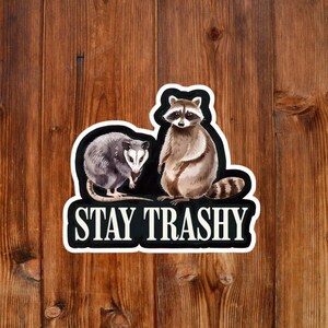 Stay Trashy Sticker – Funny Raccoon & Opossum Vinyl Decal, Humorous Outdoor Animal Sticker for Laptop, Water Bottle, Car