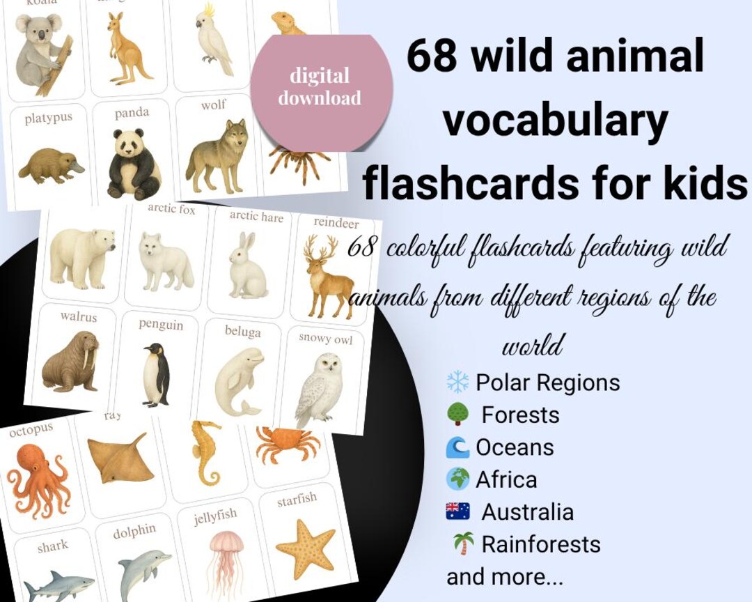 Wild Animal Flashcards: English Vocabulary Learning Cards (PDF Download ...