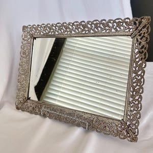 Vintage Ornate Filigree Mirrored Vanity Tray – Rectangular Metal Lace Frame – Antique Hollywood Regency Decor