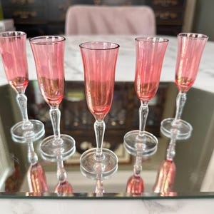 Vintage Pink Cordial Glasses – Set of 5 Ombre Glass Stemware – Retro Barware for Cocktails or Display