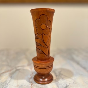 Vintage Hand-Carved Wooden Vase – Mid-Century Floral Design – Rustic Boho Home Decor