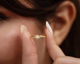 Dainty Opal Ring, Opal Stacking Ring, White Opal and CZ Ring, Gold Opal Ring, Sterling Silver Opal Ring, October Opal Ring, Bridesmaid Gifts