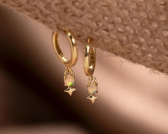 Mini Opal Huggie Hoop Earring, Opal Earrings, Sterling Silver Opal Huggie Hoop Earrings for Mom, Dainty Hoop Earring, Christmas Gift for Her